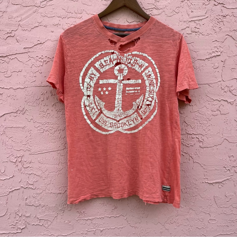 Sean John T-Shirt Torn Tattered Orange Distressed Size Small